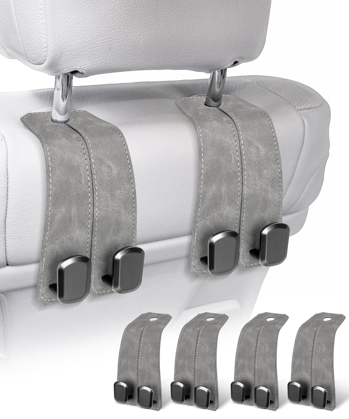 Car Purse Holder Hook, 2PCS Car Hooks for Headrest Luxurious Leather 100% Metal Car Hangers for Seat Multifunctional Car Bag Hook Car Seat Back Storage Hook Accessories (Grey)