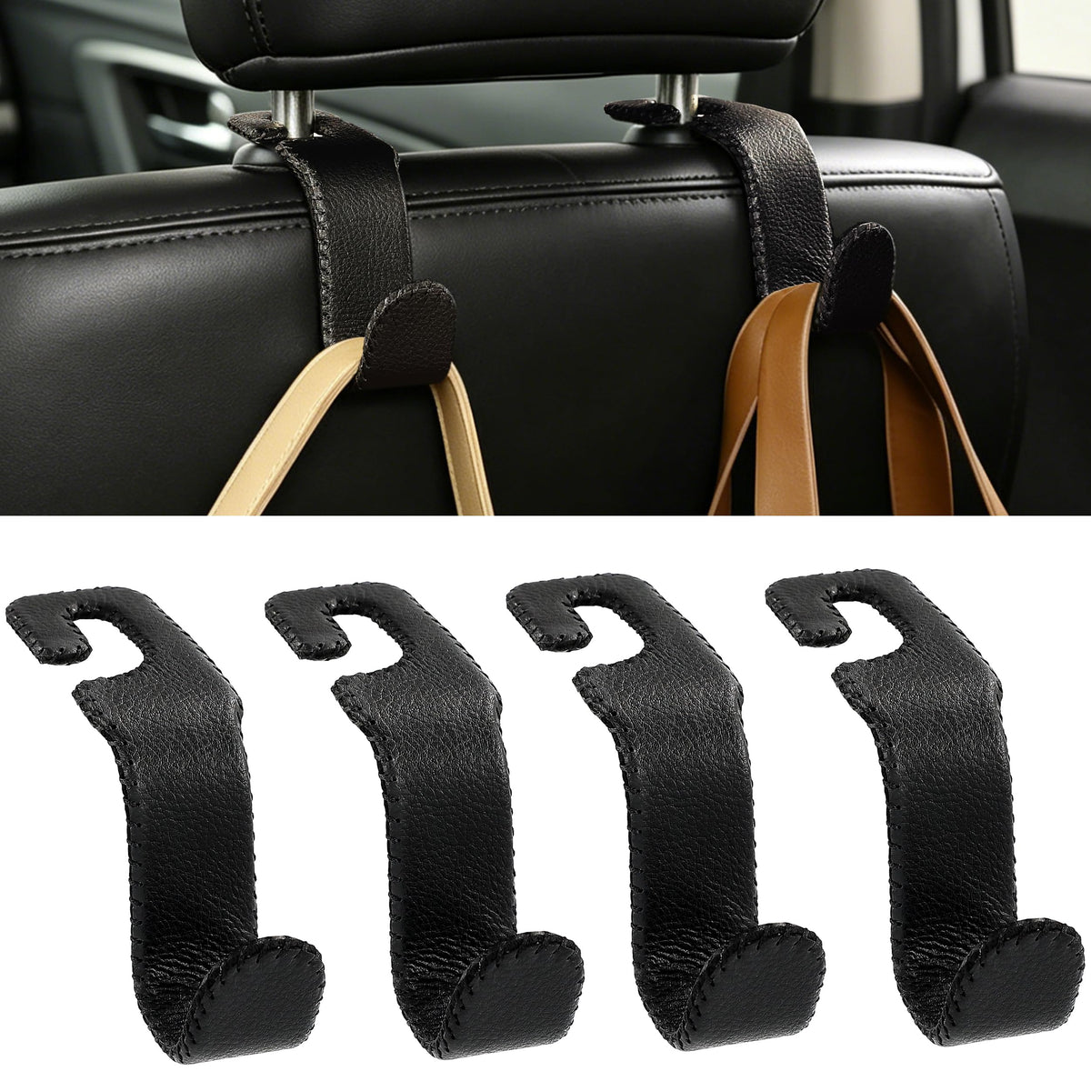 Car Seat Headrest Hook Heavy Duty 55lb Metal Hanger with Leather for Bags